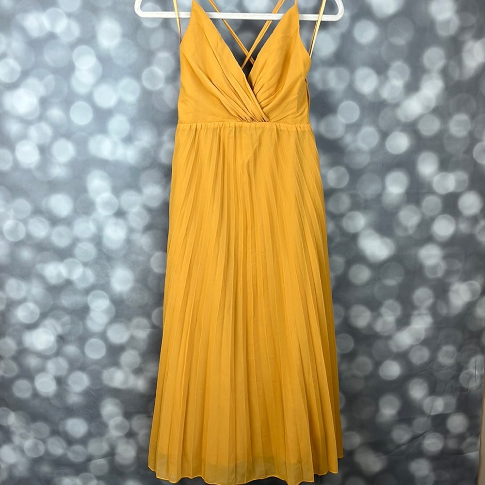 NWT Saints and Secrets mustard yellow chiffon midi dress. Size XS